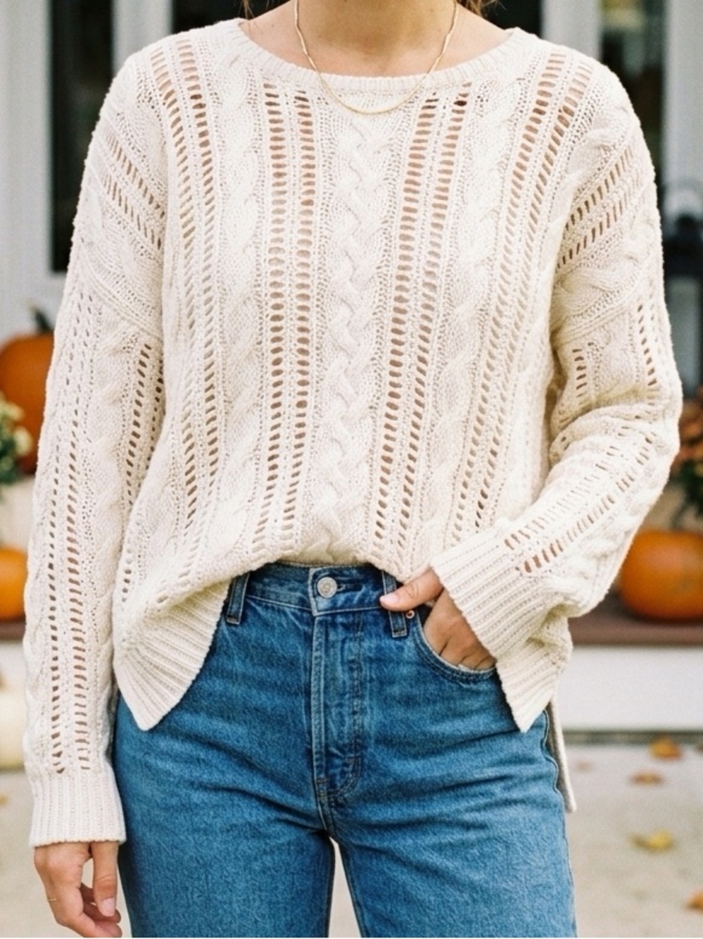 Denim & Supply Ralph Lauren Cream Cable Pointelle Knit Slouchy Sweater M
